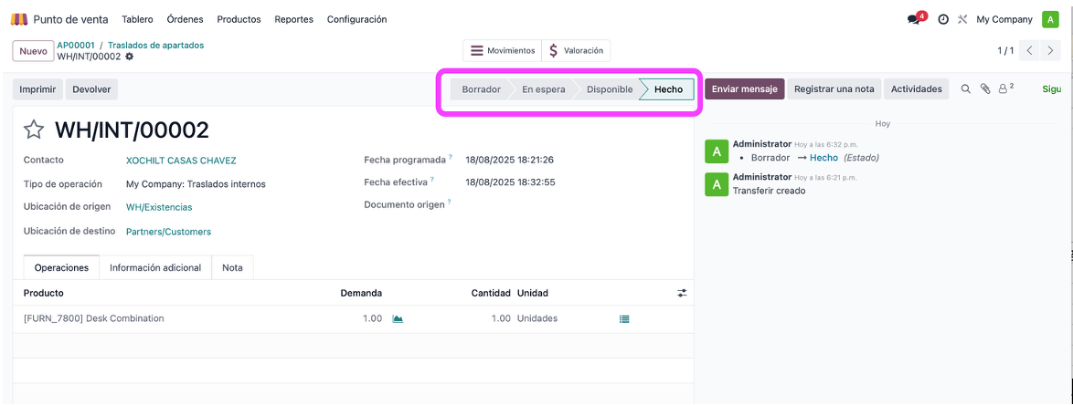 Vista del apartado con trazabilidad completa