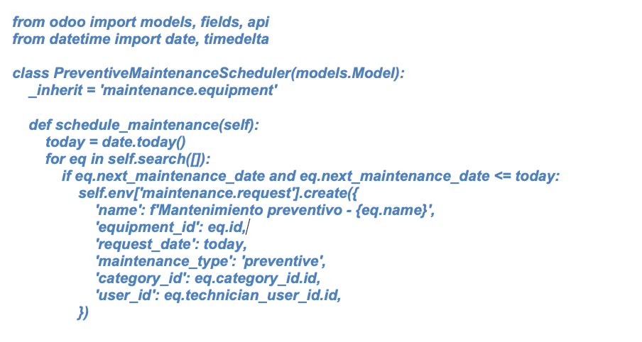 Código Python para crear mantenimientos preventivos automáticamente