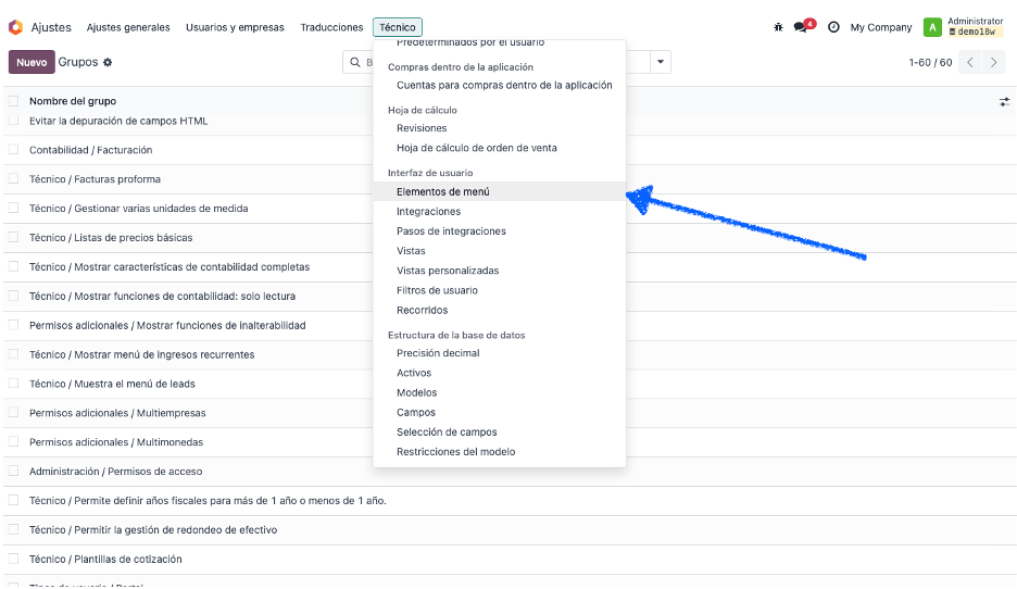 Acceso a elementos de menú en configuración técnica