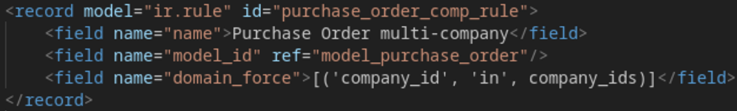 Regla de registro en XML del módulo de compras