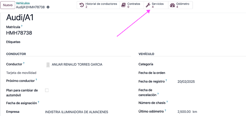 Servicio de mantenimiento generado en el vehículo