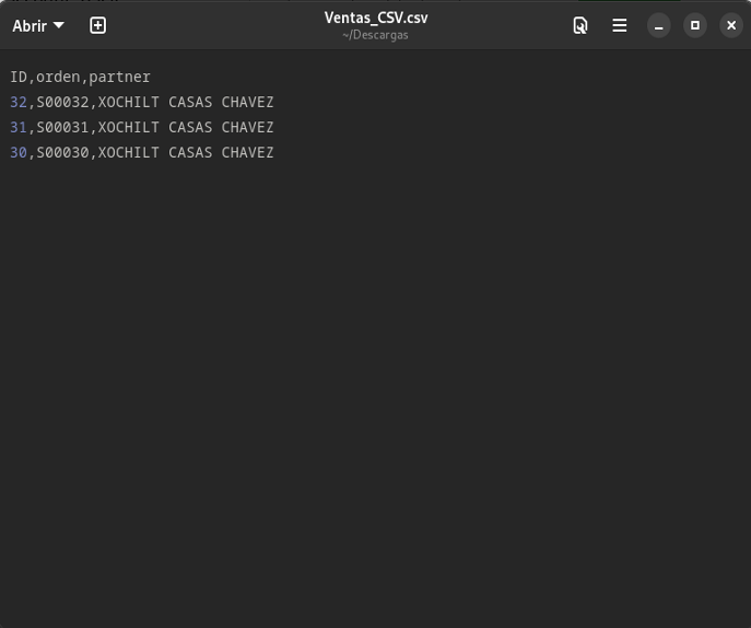 CSV abierto en editor de texto plano