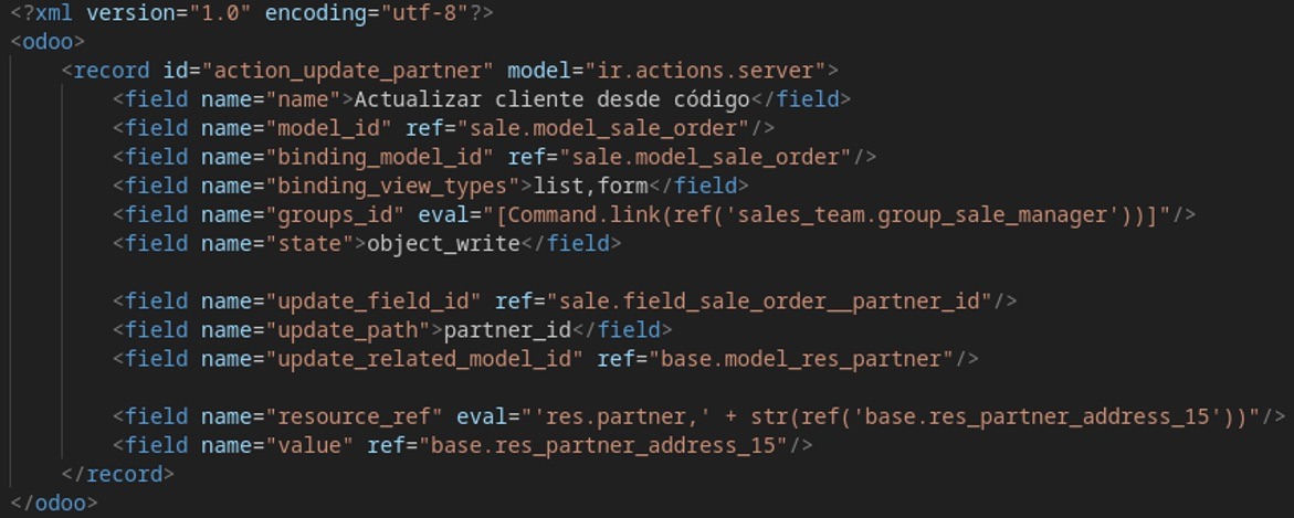 Definición XML de la acción de servidor con campos técnicos