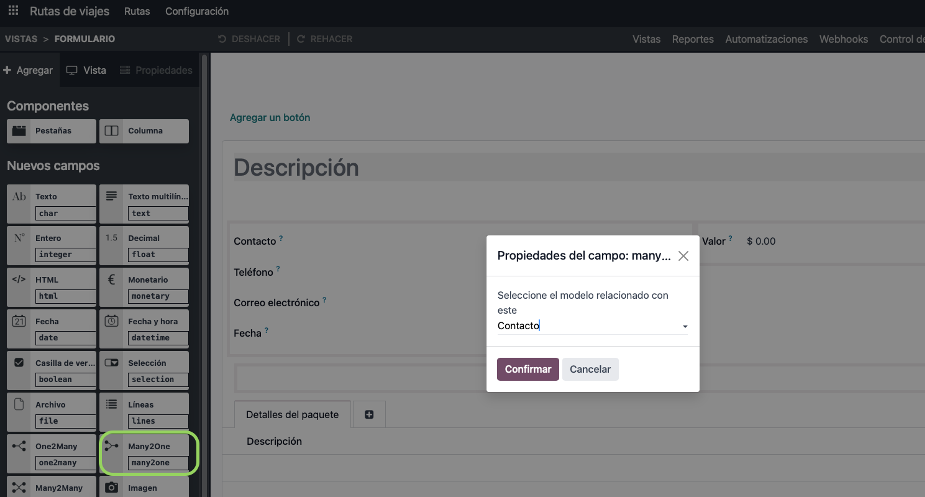 Crear campo relacional Dirección del viaje
