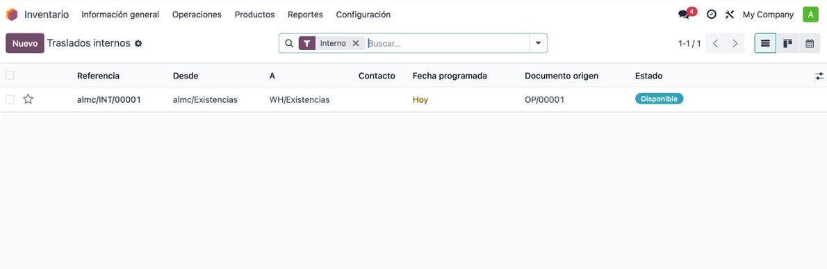 Traslado generado automáticamente entre almacén central y principal
