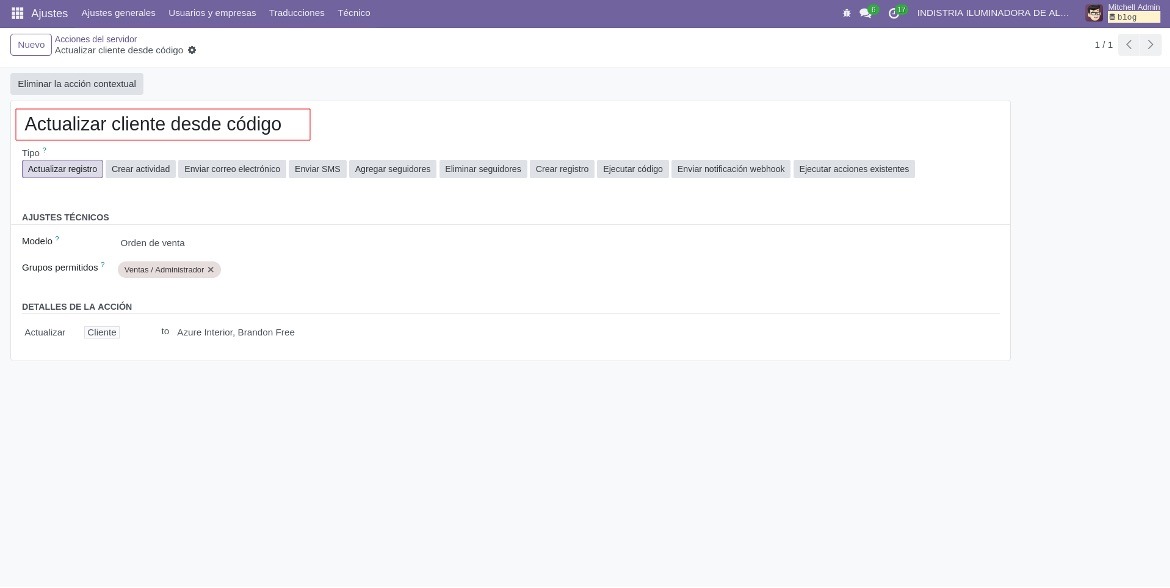 Acción nueva visible tras actualizar el módulo