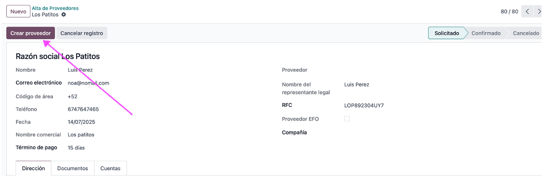 Proveedor creado a partir del registro del portal