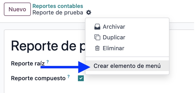 Acción crear elemento de menú
