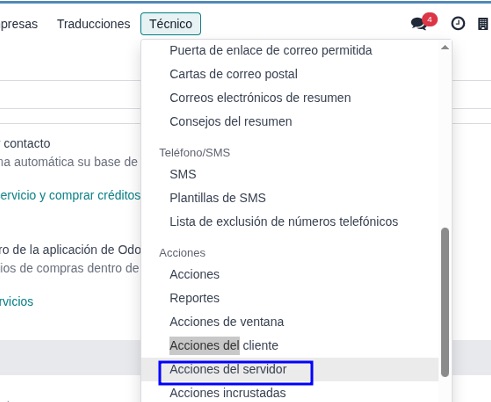 Menú Acciones del servidor