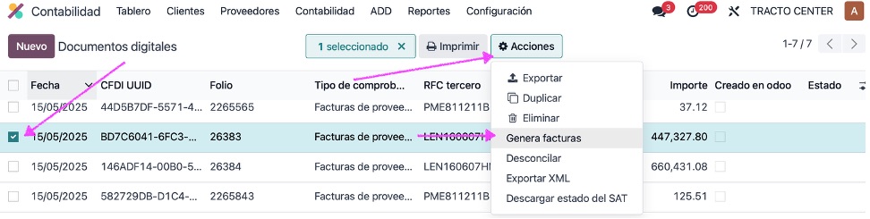 Acción Generar facturas en el listado de documentos