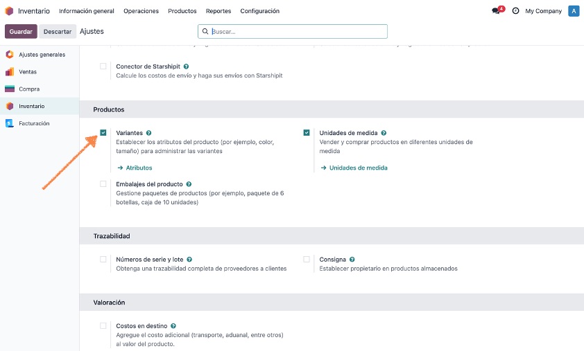 Activar variantes en ajustes del módulo Inventario