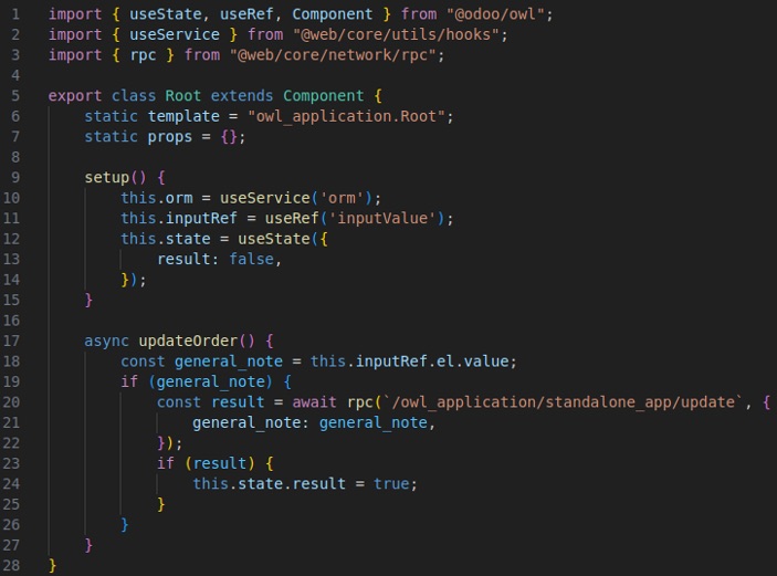 JavaScript del Root con función updateOrder