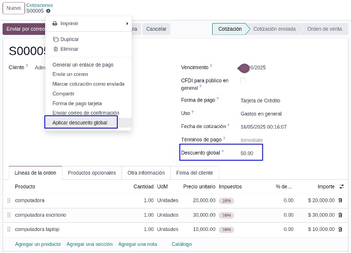 Aplicación del descuento global desde la cotización