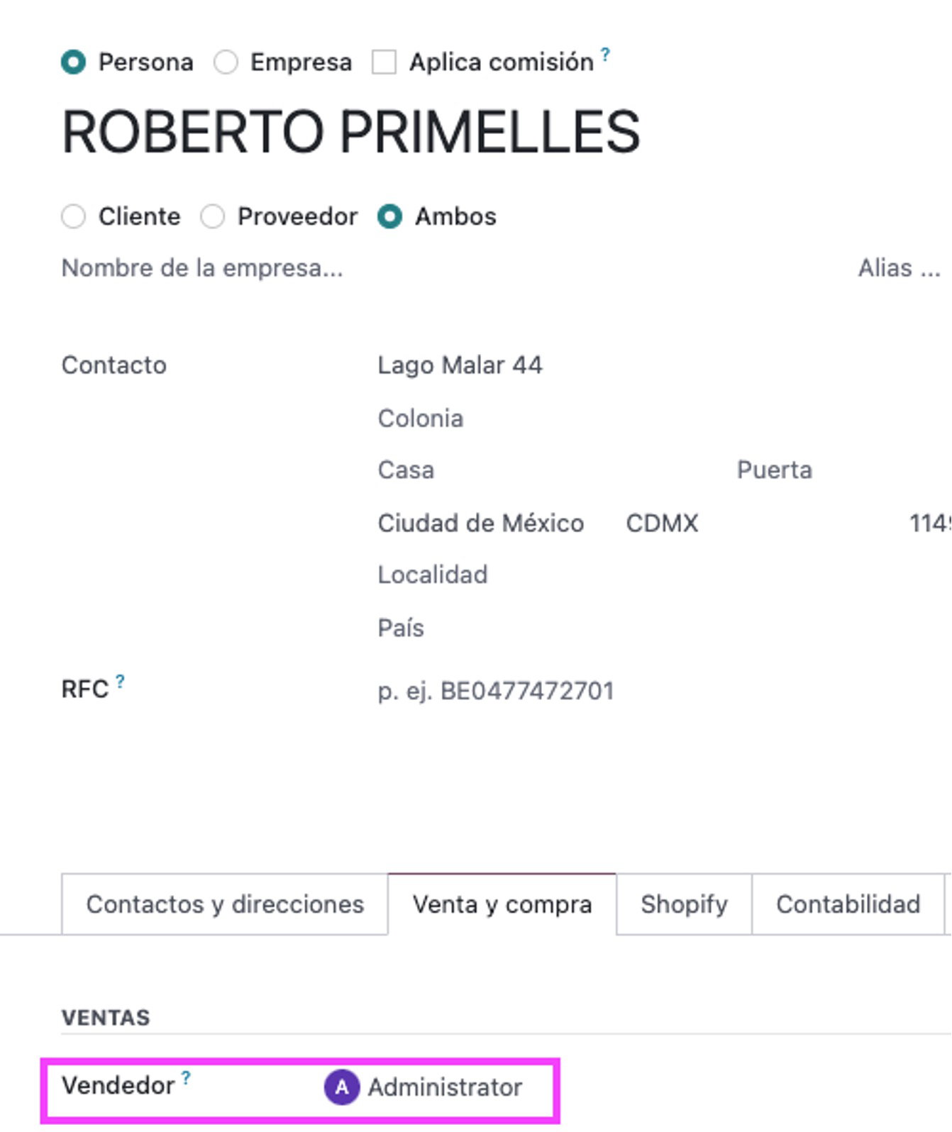 Vendedor asignado al cliente