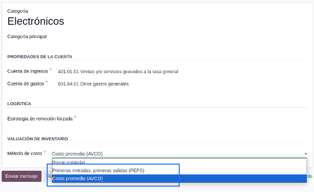 Configurar AVCO o PEPS en la categoría