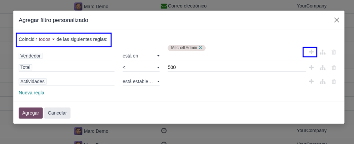 Agregar filtros adicionales con el botón +