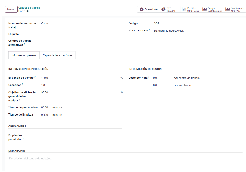 Configuración de un centro de trabajo