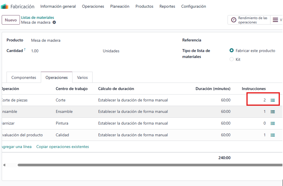 Acceso a instrucciones de la operación