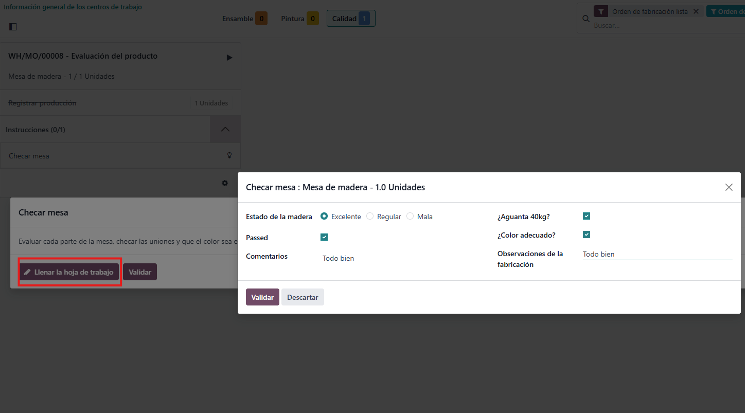 Formulario personalizado de control de calidad