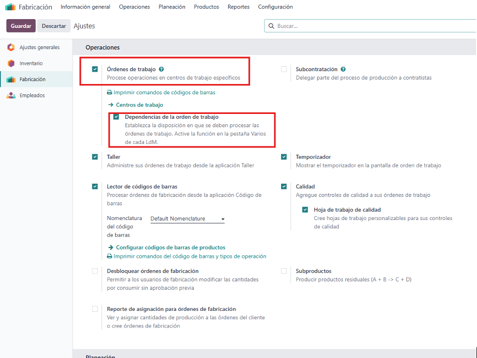 Configuración con check de centros de trabajo y dependencias