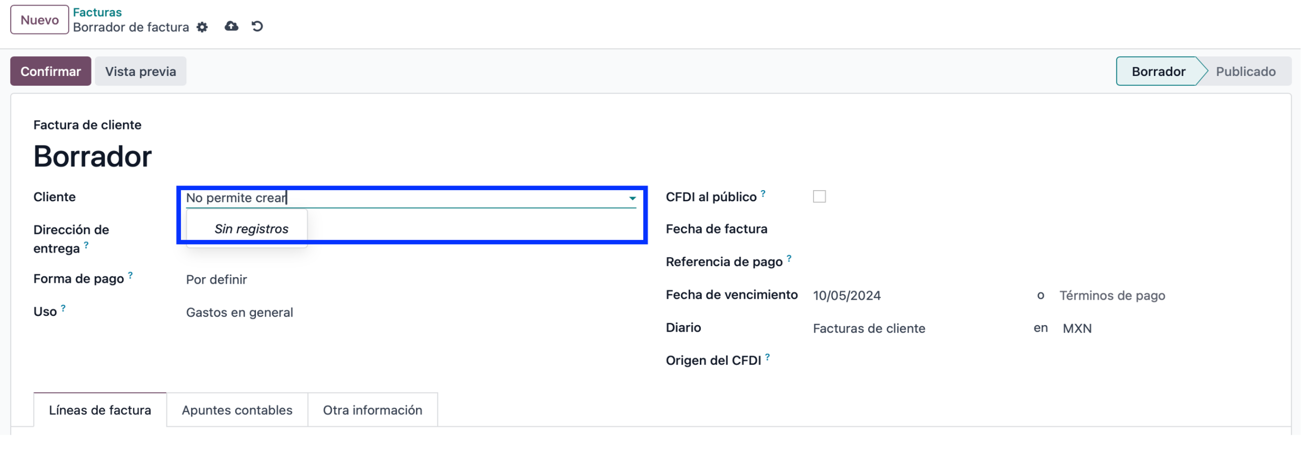 Vista de factura sin opción crear inline