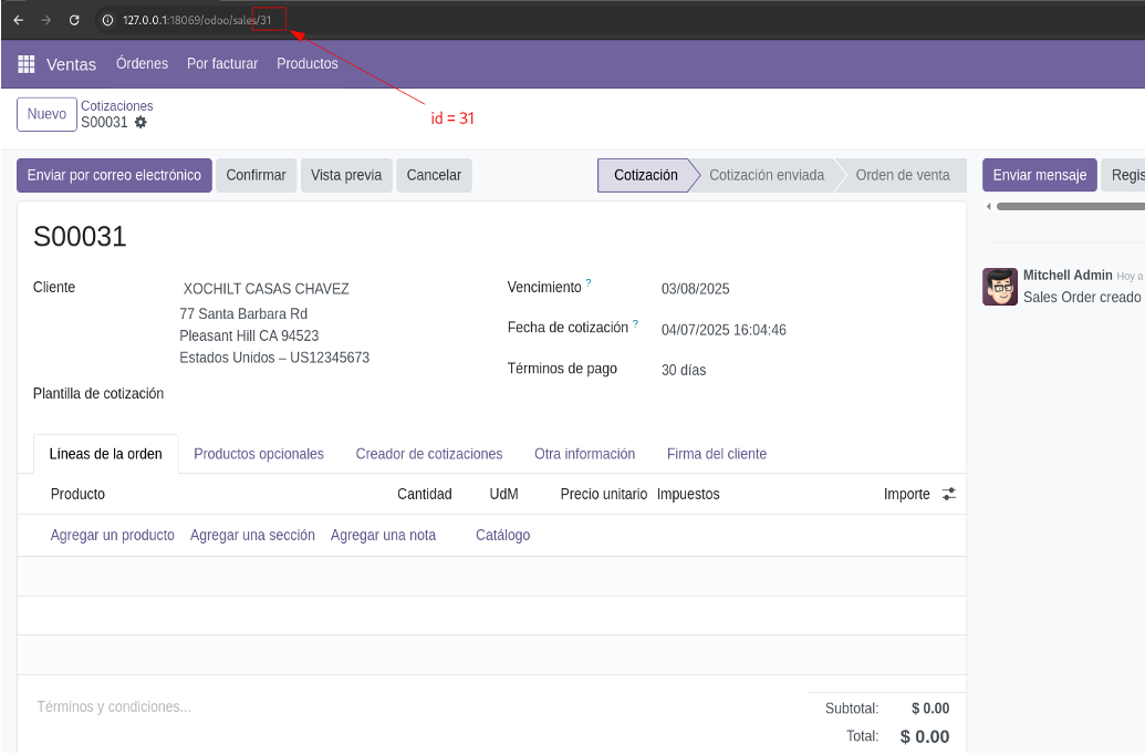 Venta visible en la UI con todos sus datos
