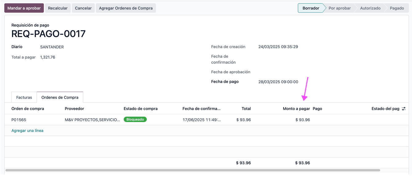 Ajuste de monto parcial en orden de compra