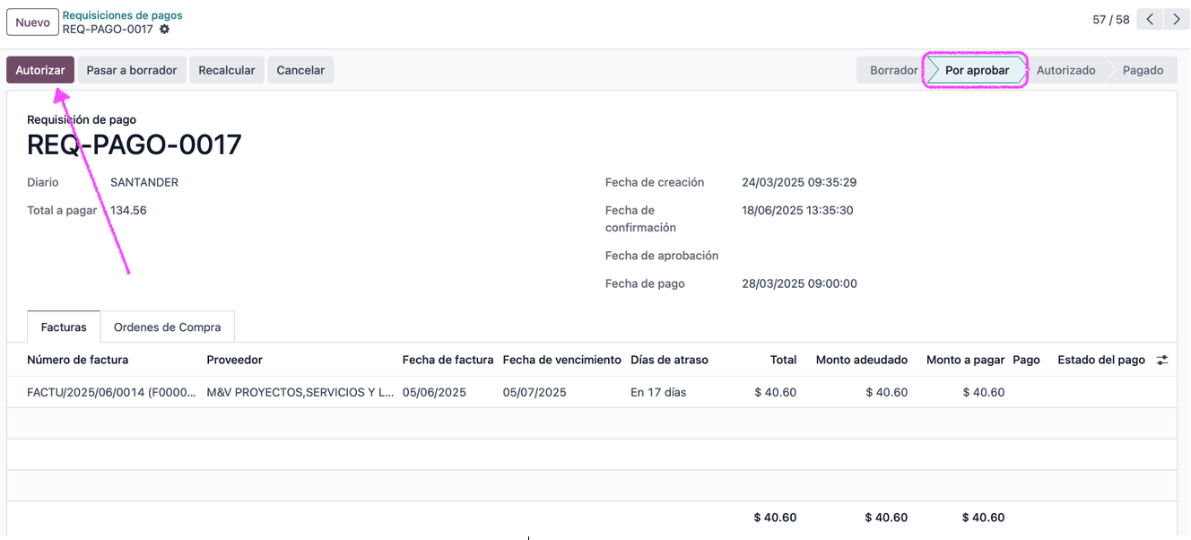 Vista del aprobador con la requisición pendiente