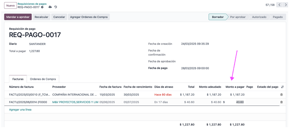 Edición del monto parcial por factura
