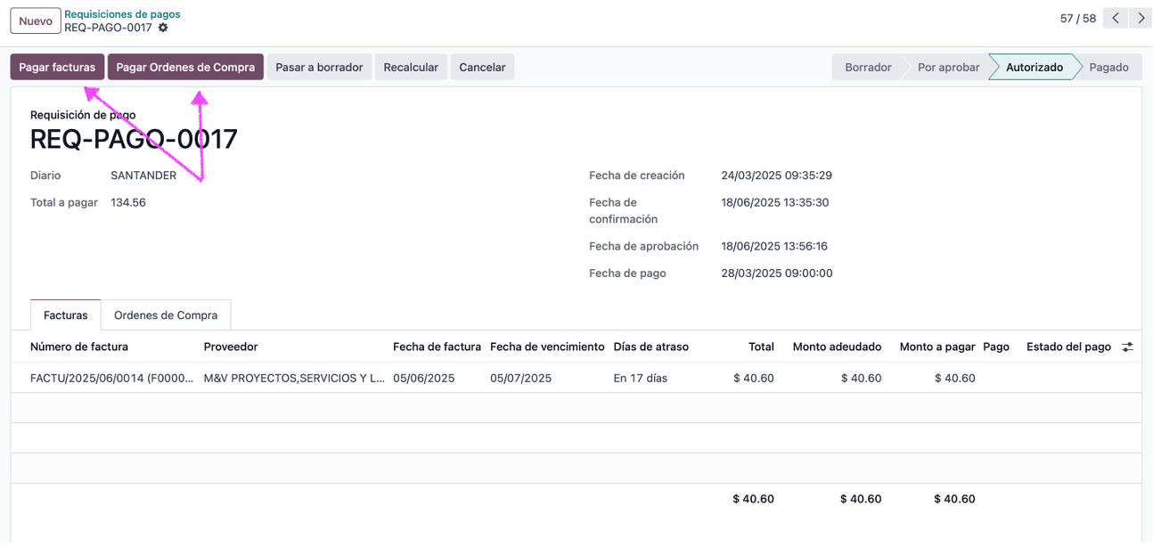 Botones de generar pagos para facturas y para órdenes de compra