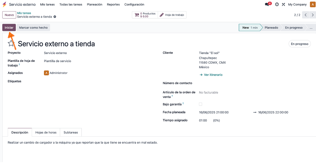Botón Iniciar para contar tiempo del servicio