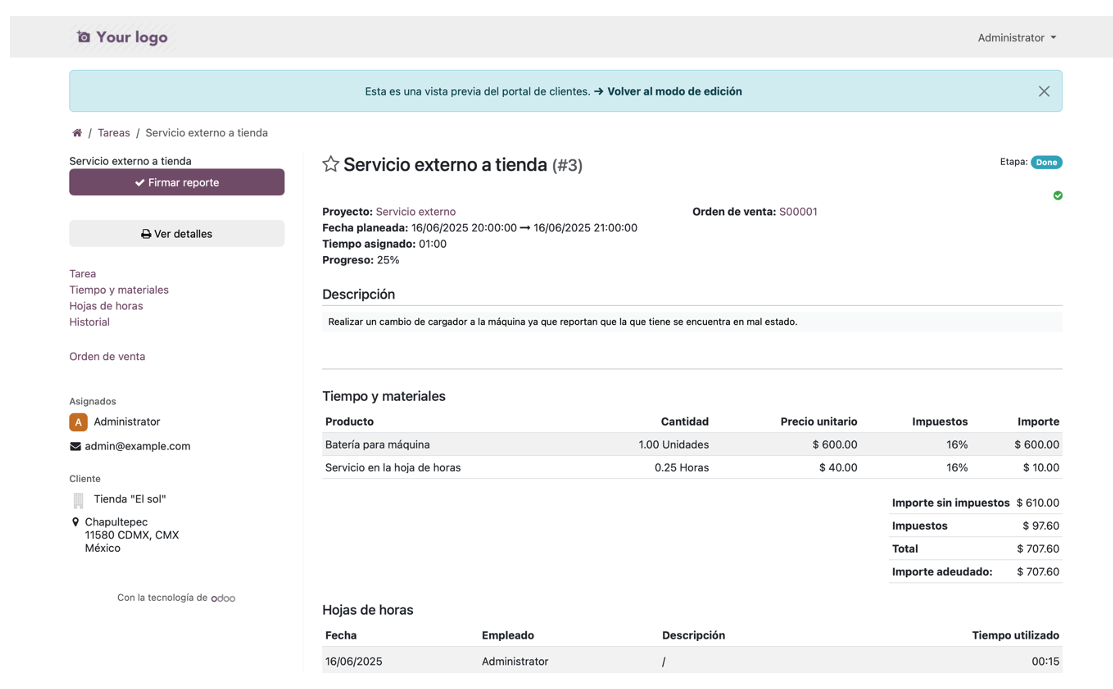 Firma del cliente sobre el reporte