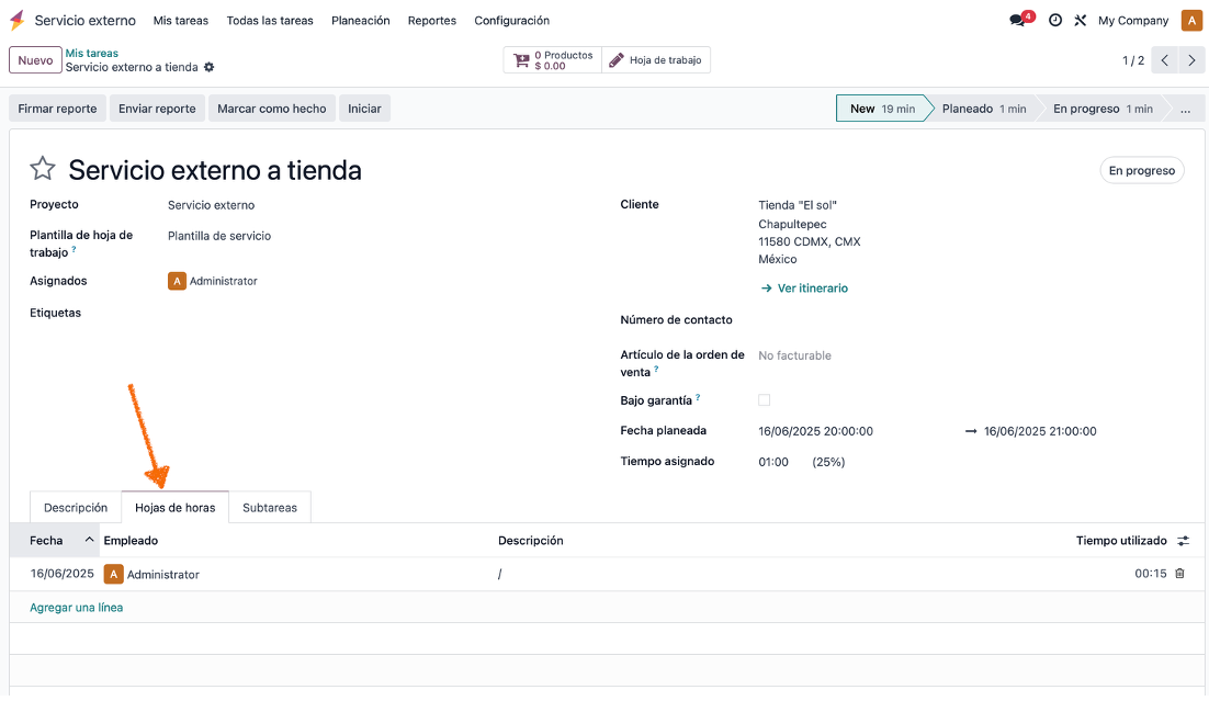 Registros de tiempo en Hojas de horas