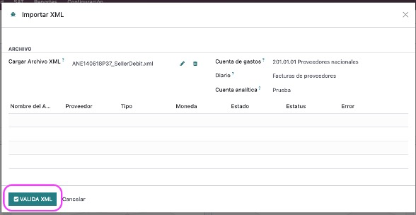 Botón Valida XML del módulo