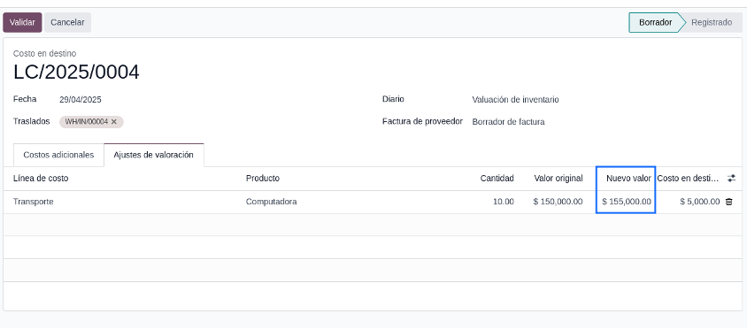 Calcular costo en destino con el método elegido