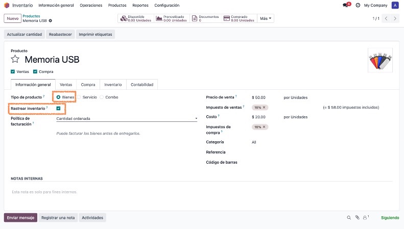 Campos de producto activos: Bienes y Rastrear inventario