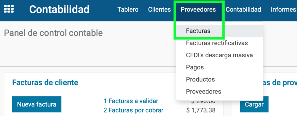 Menú facturas de proveedor