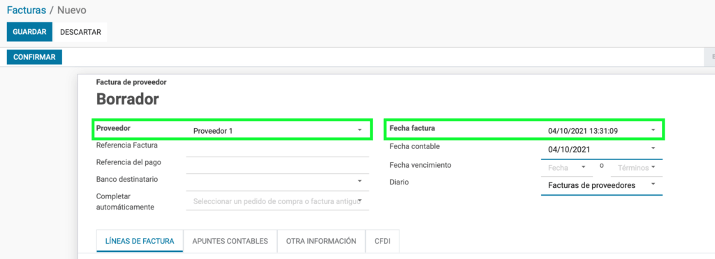 Datos del proveedor y fecha
