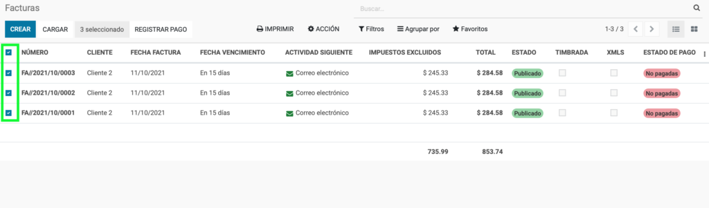 Seleccionar facturas en lista
