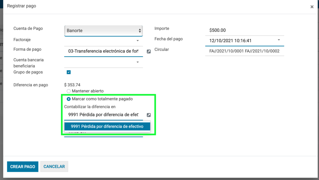 Cuenta para registrar la diferencia