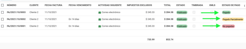 Estado de las facturas tras pago parcial