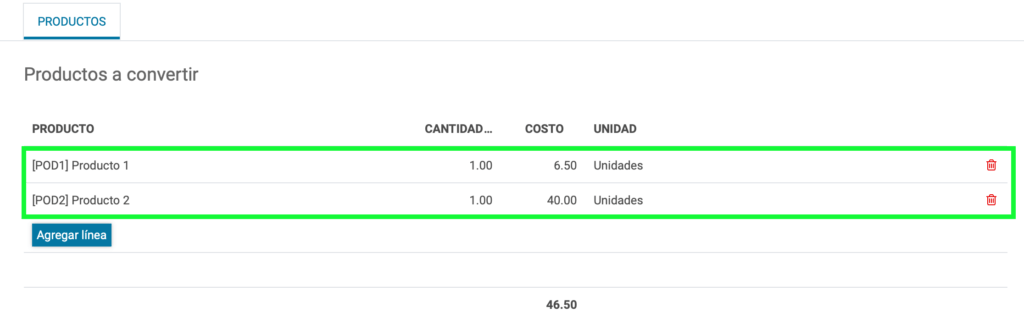 Selección de productos a convertir