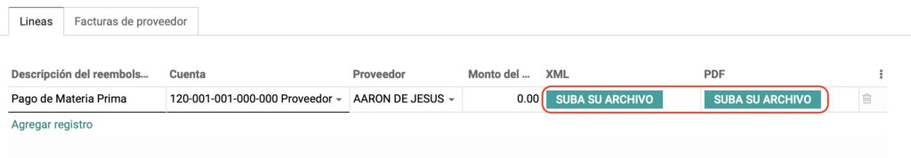 Línea de reembolso con XML cargado
