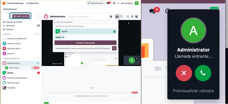 Pantalla de videollamada con todas las funciones disponibles