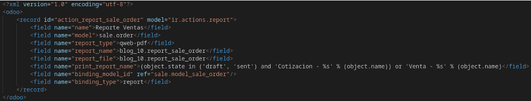Archivo XML con la definición de la acción del reporte