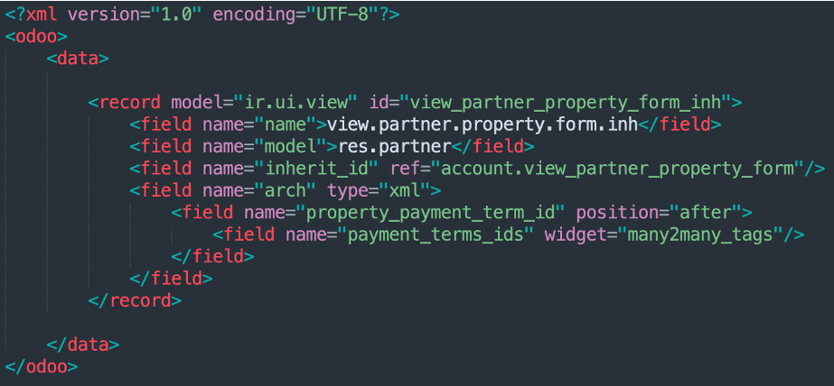 Vista XML del cliente con el nuevo campo