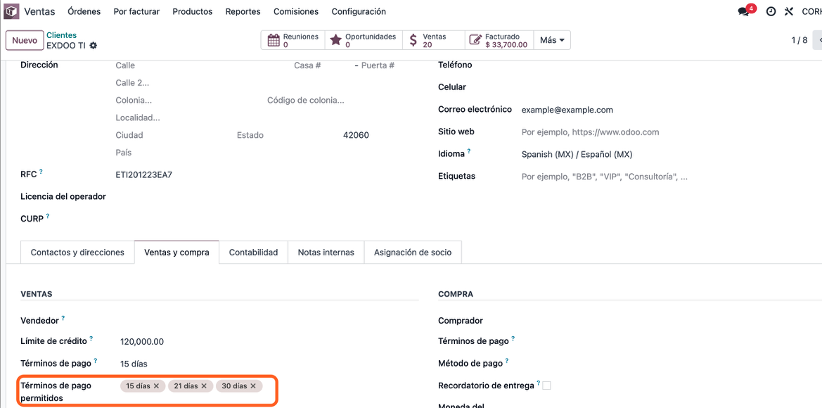 Cliente con tres términos de pago permitidos asignados
