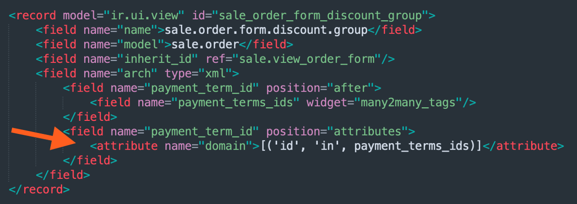 Vista XML con el dominio dinámico aplicado al campo payment_term_id