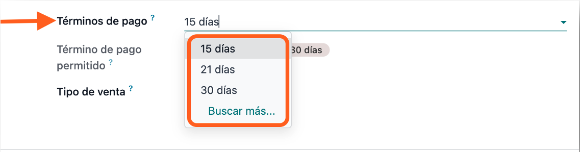 Selector de término de pago filtrado a las 3 opciones del cliente