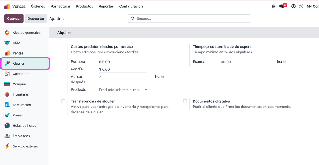 Pantalla de configuración del módulo Alquiler
